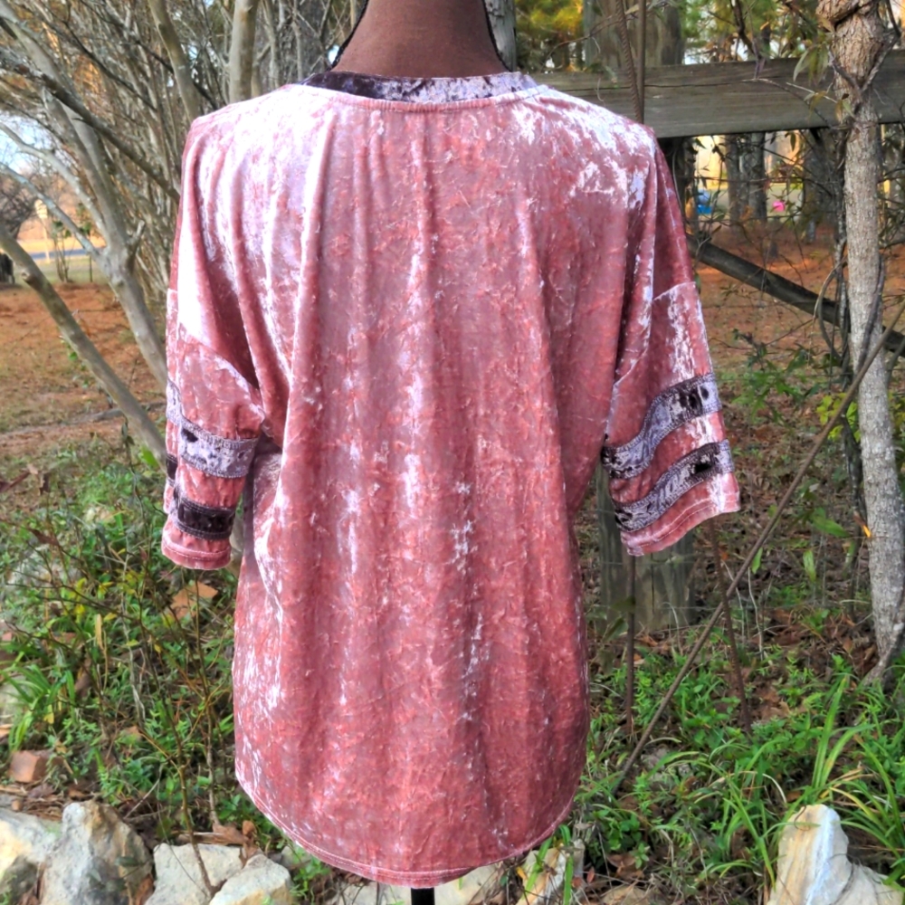 POL Pink Rose & Brown Crushed Velvet Crew Neck Short Sleeve Jersey-Style Top - Picture 7 of 13